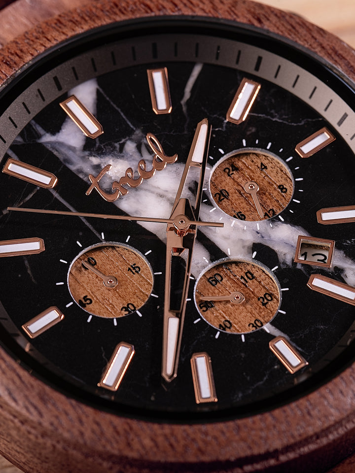 Black marble veining detail with chronograph sub-dials – Treed Canopy watch