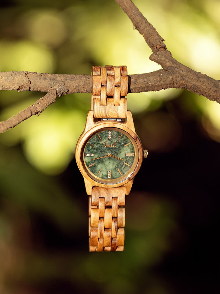 Elegant olive wood watch with green marble dial – Treed Lana collection