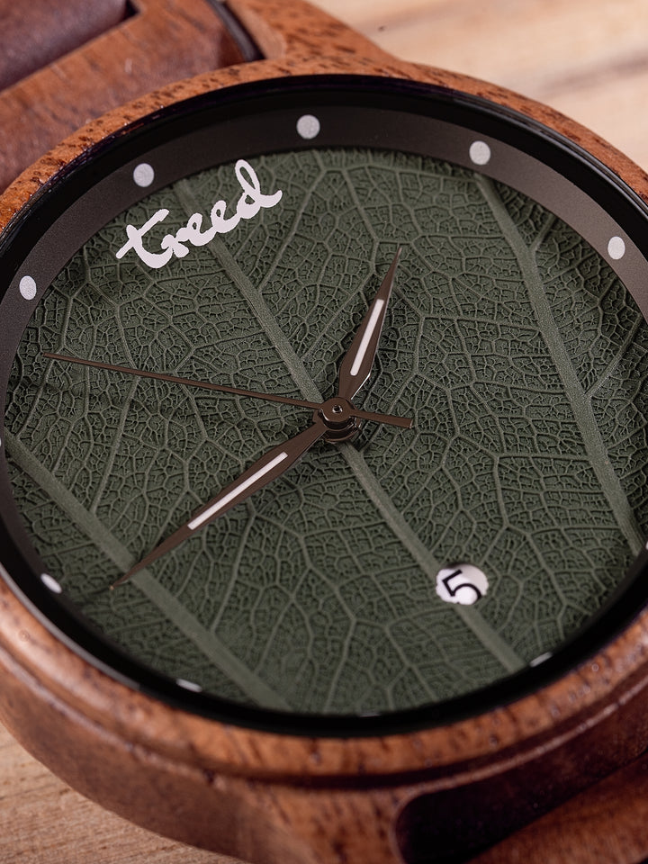 Leaf dial detail with muted green tone and clean markers – Treed GROOVE Walnut