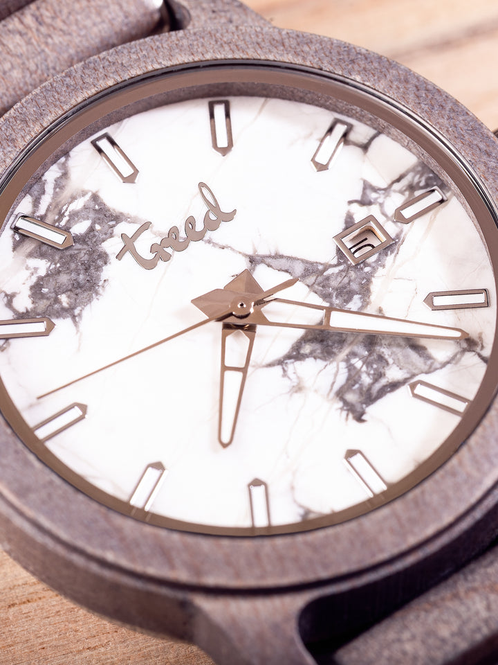 Marble veining detail on Treed Alpine wooden watch dial