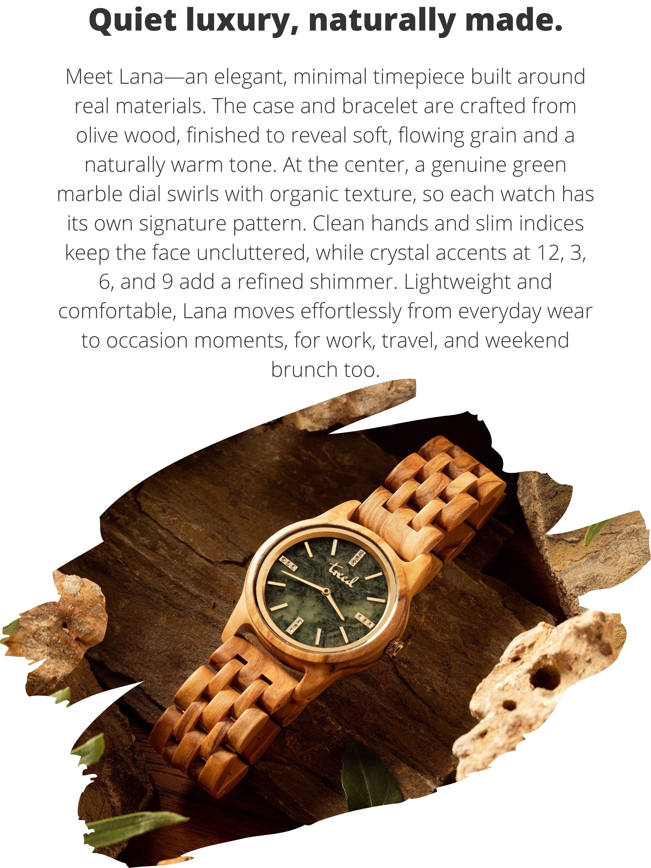 Product description slide for Treed Lana (Olive/Green) highlighting olive wood case/bracelet and green marble dial with crystal accents.