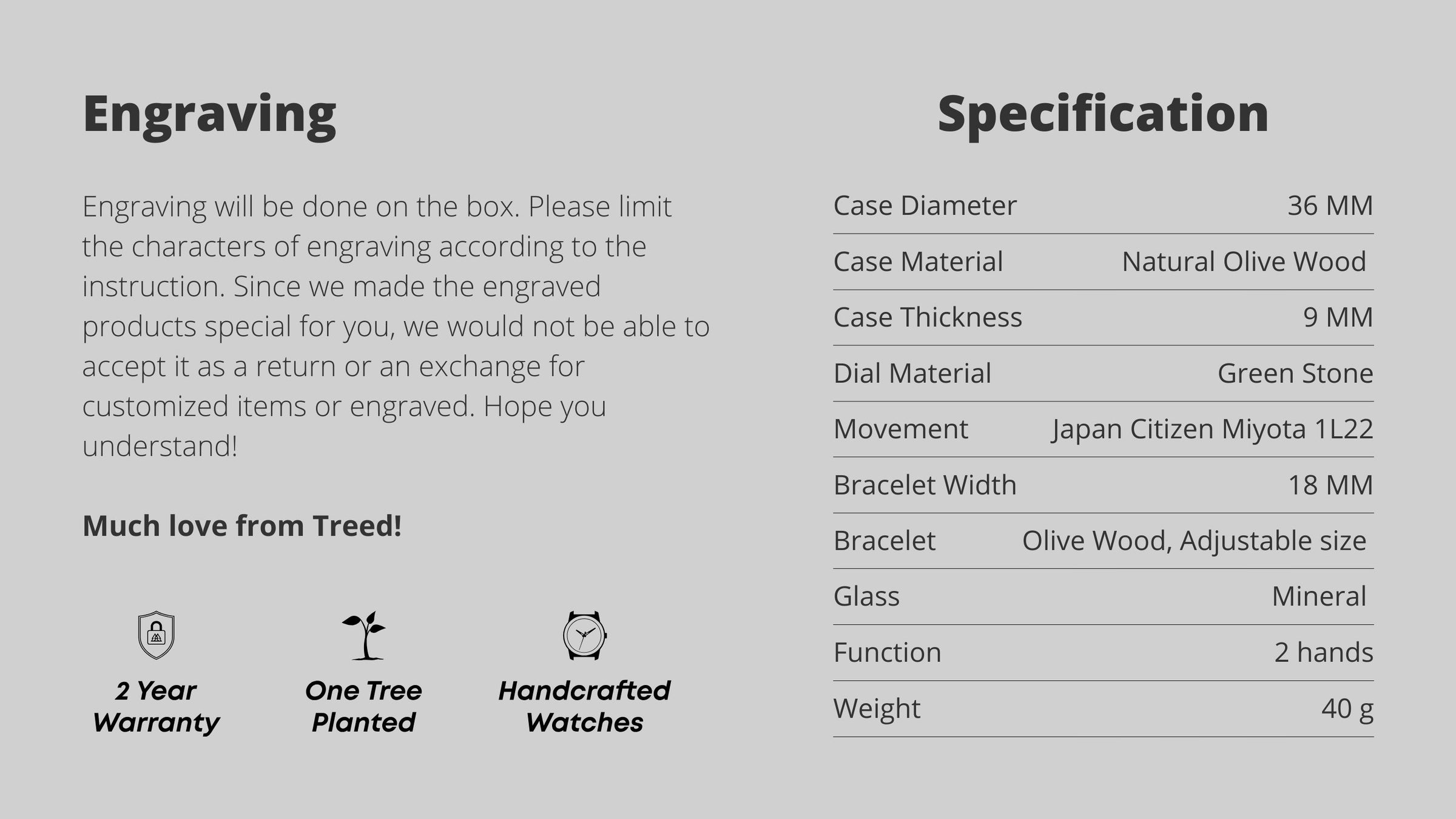 Specifications slide for Treed Lana (Olive/Green) listing olive wood materials, green marble dial, and crystal accents.