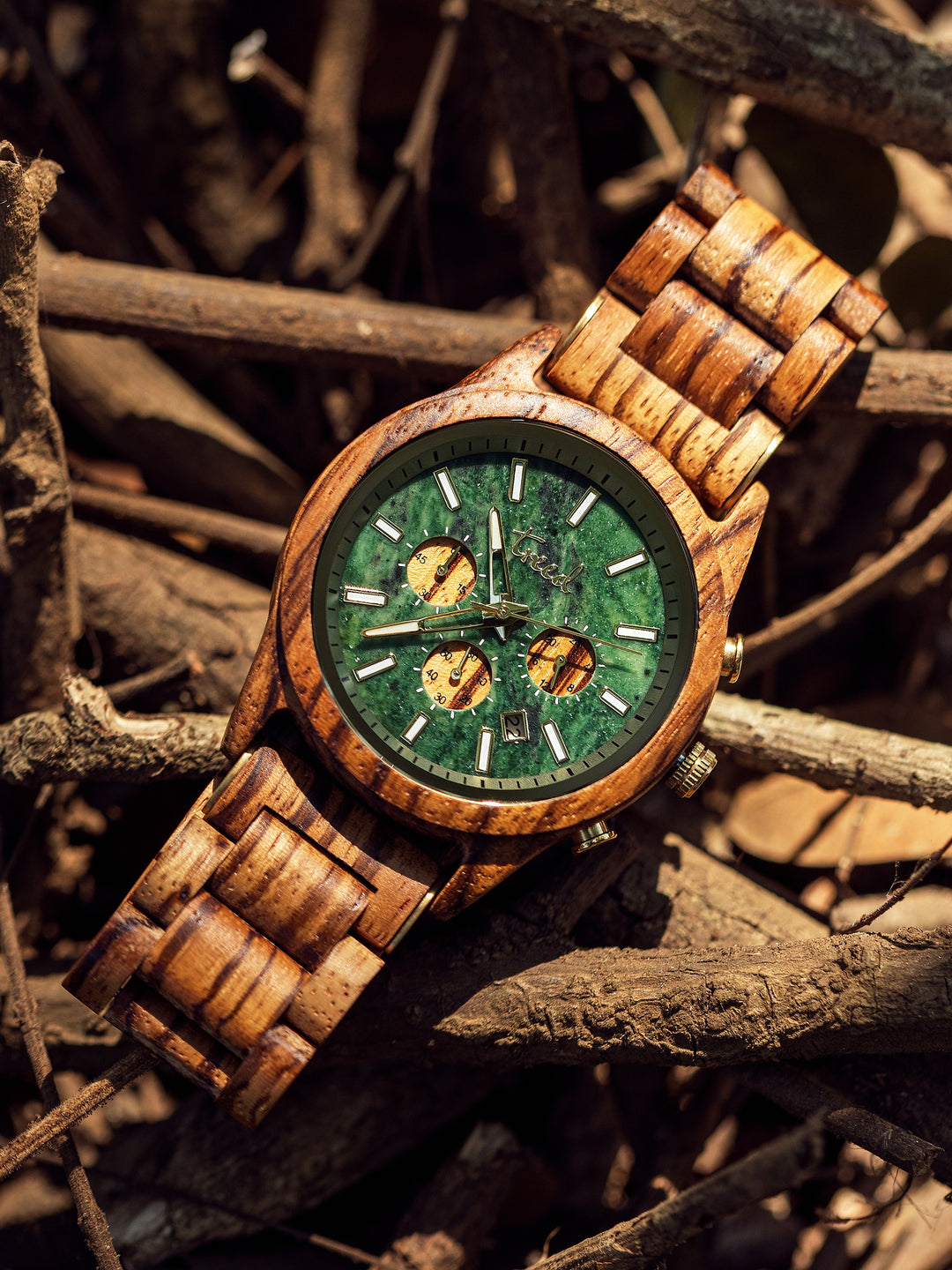 Statement zebrawood wooden watch with green marble dial – Treed Canopy collection