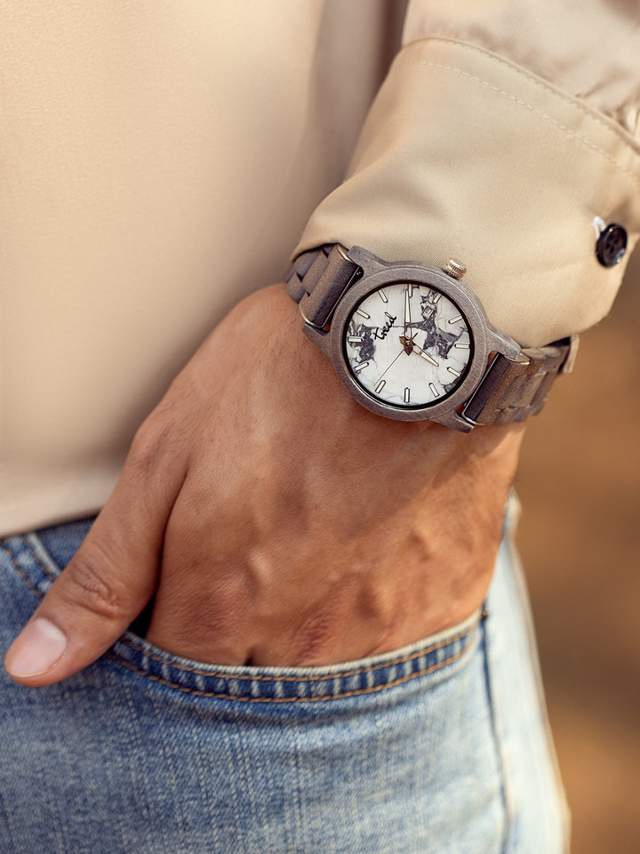 Treed Alpine Grey Maple wooden watch on wrist with white marble dial