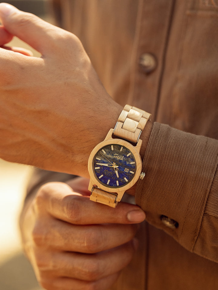 Treed Alpine Maple/Lapis Lazuli wooden watch on wrist