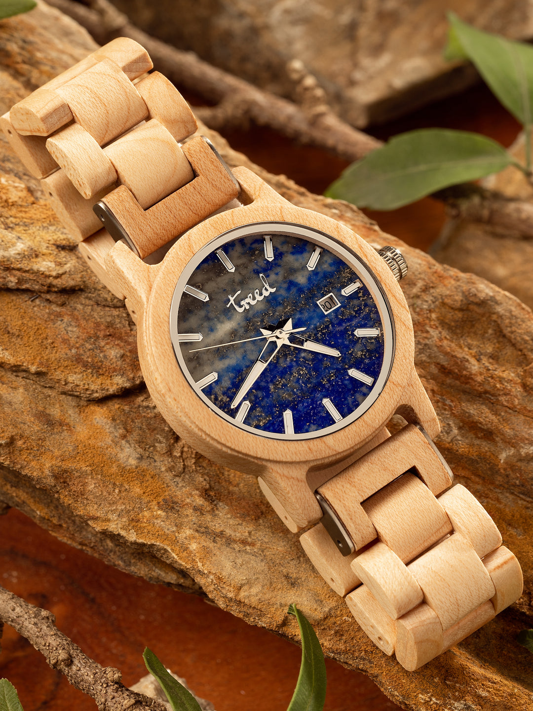 Treed Alpine (Maple/Lapis Lazuli) wooden watch with genuine lapis lazuli dial