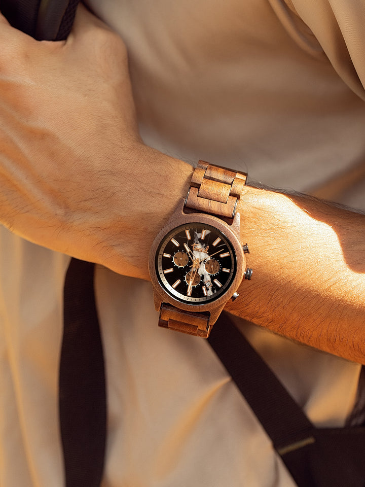 Treed Canopy (Walnut/Black Marble) chronograph wooden watch on wrist