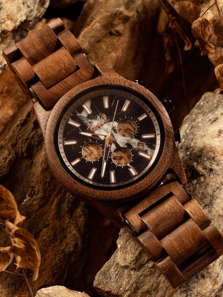 Treed Canopy (Walnut/Black Marble) chronograph wooden watch with date window