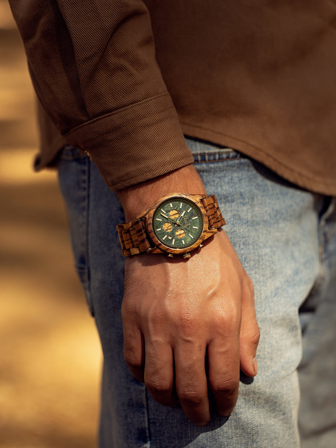 Treed Canopy (Zebrawood/Green Marble) wooden watch on wrist