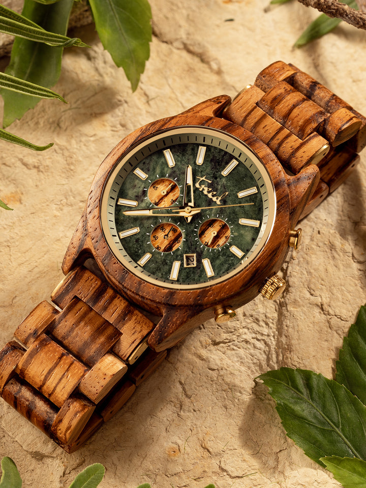Treed Canopy (Zebrawood/Green Marble) wooden watch with green marble dial and date window