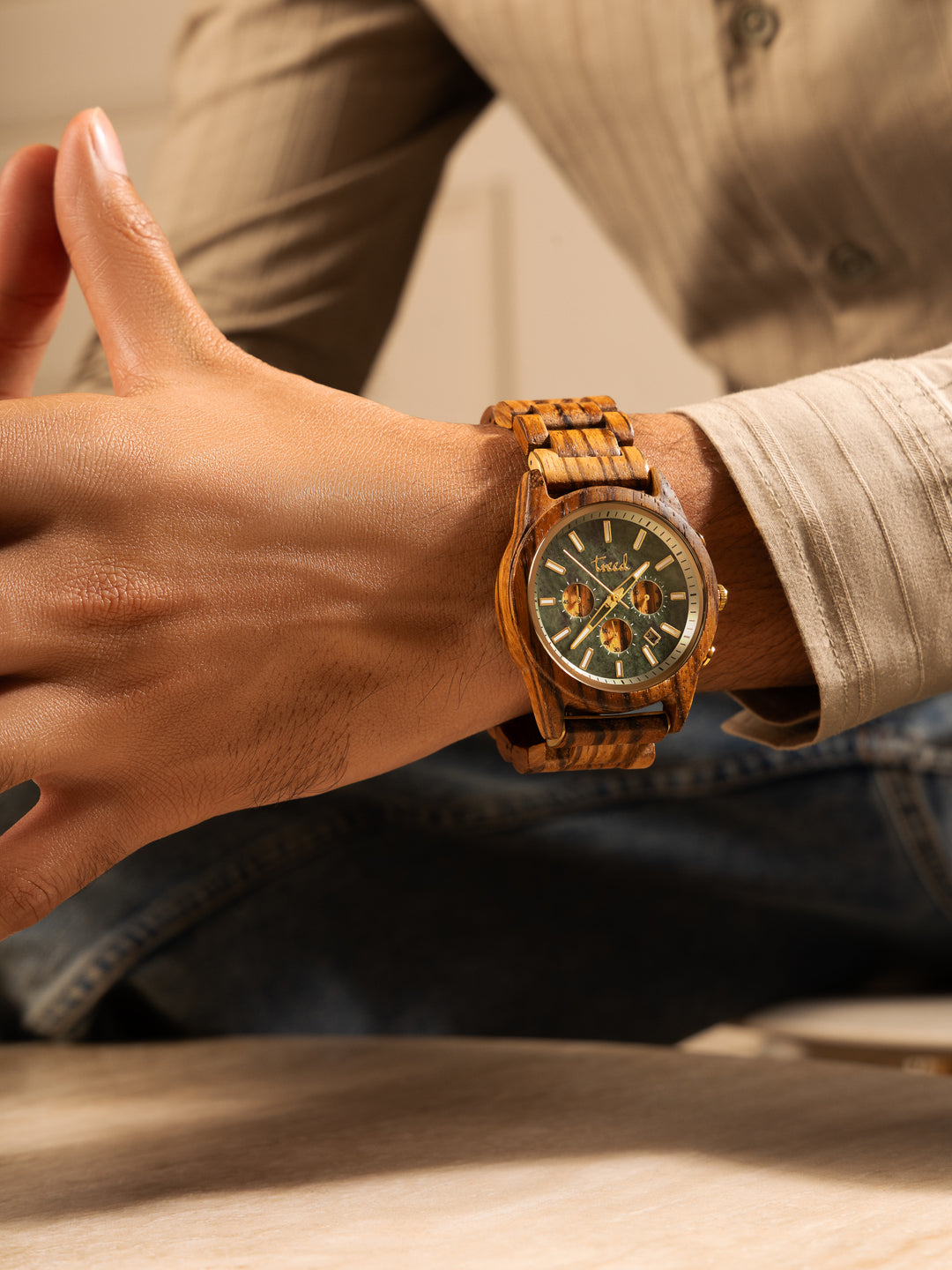 Treed Canopy green marble dial watch styled for everyday wear