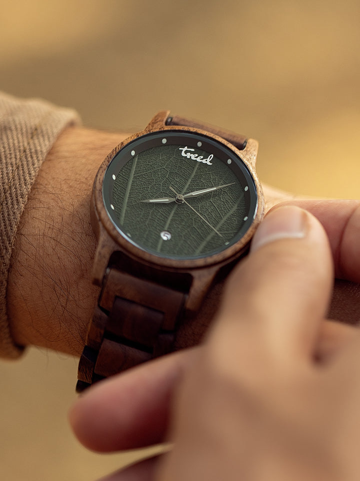 Treed GROOVE (Walnut) leaf dial wooden watch on wrist