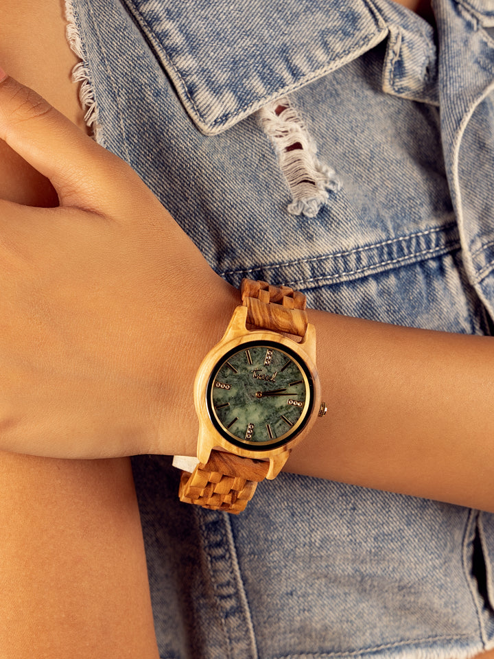 Treed Lana (Olive/Green) olive wood watch on wrist
