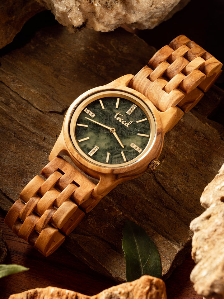 Treed Lana (Olive/Green) olive wood watch with genuine green marble dial