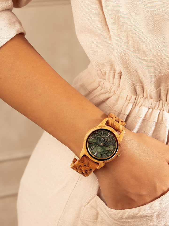 Treed Lana Olive wood case and bracelet with green marble dial and crystal accents