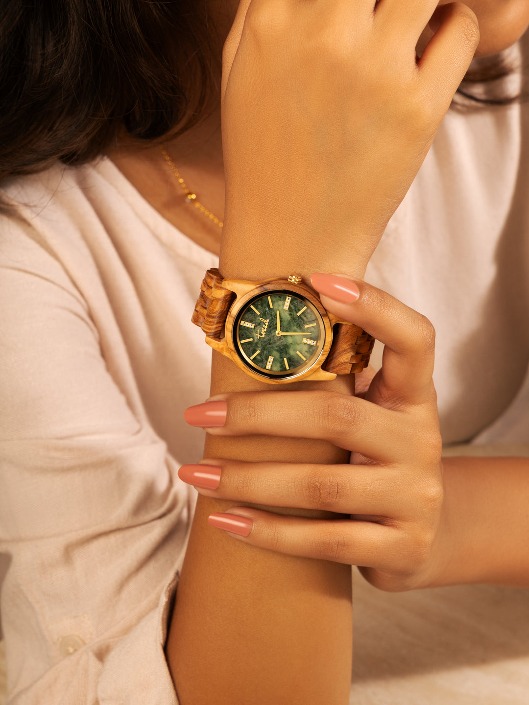 Treed Lana green marble dial watch styled for everyday wear