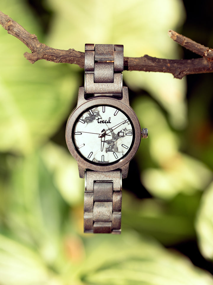 Understated luxury wooden watch with marble dial – Treed Alpine collection