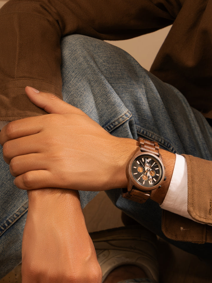 Understated walnut wooden watch with black marble dial – Treed Canopy collection