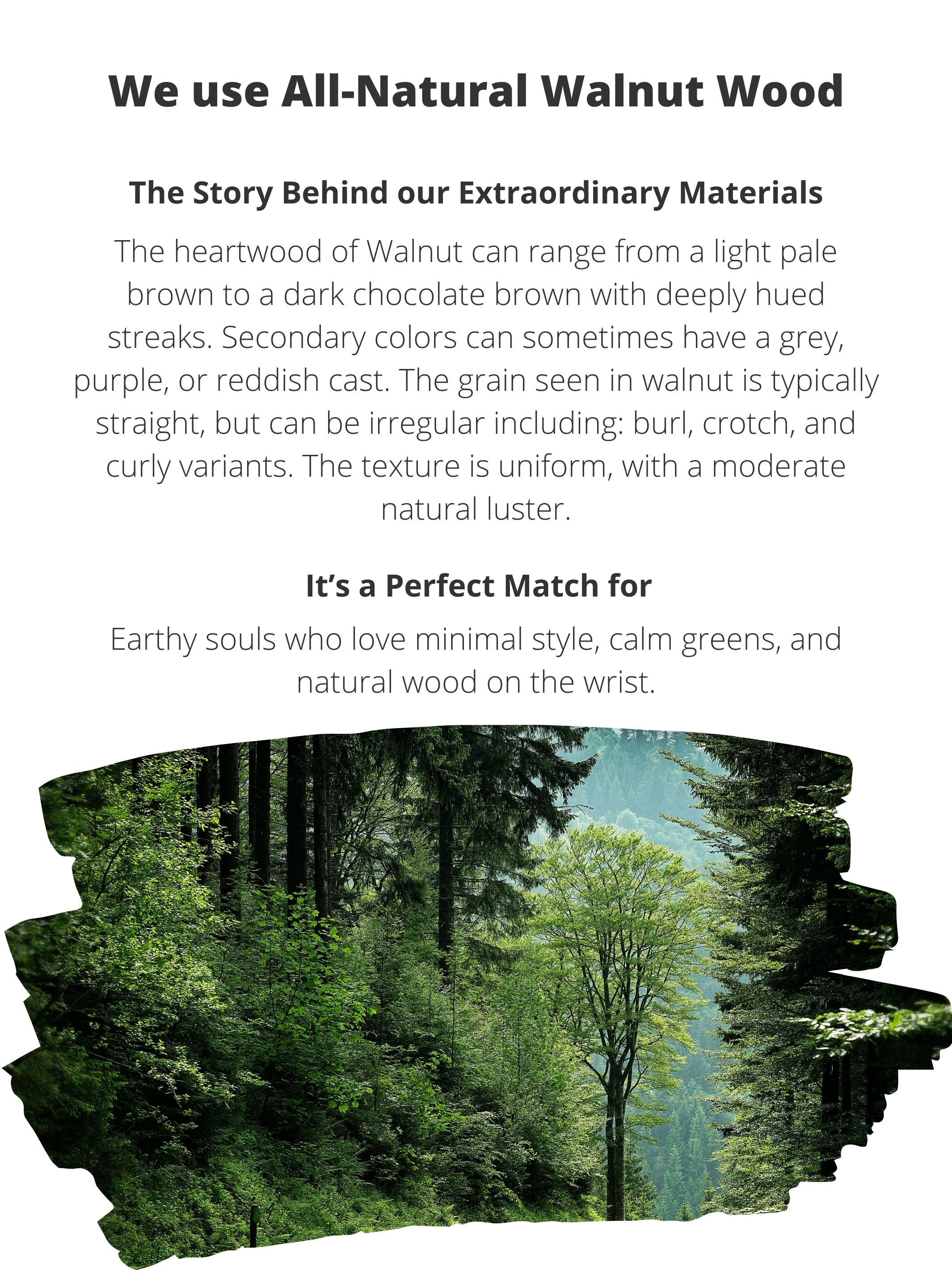 Vertical materials and “perfect match for” slide for Treed GROOVE (Walnut) with walnut wood and leaf dial details.