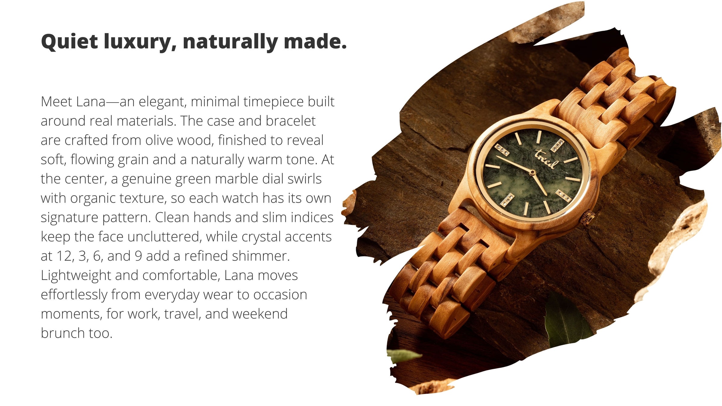 Vertical product description slide for Treed Lana (Olive/Green) featuring olive wood and green marble dial.
