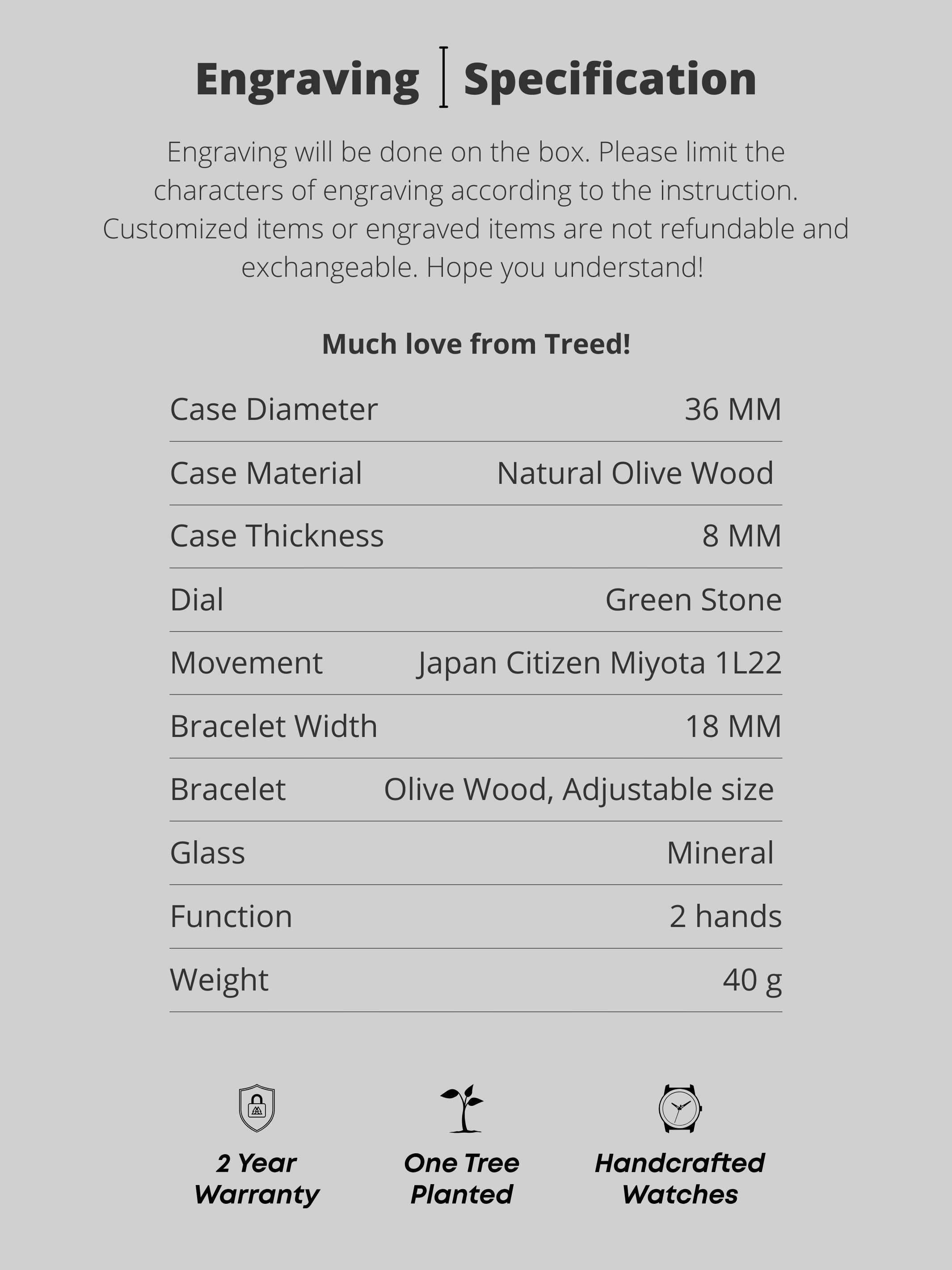 Vertical specifications slide for Treed Lana (Olive/Green) summarizing key specs and dial details.